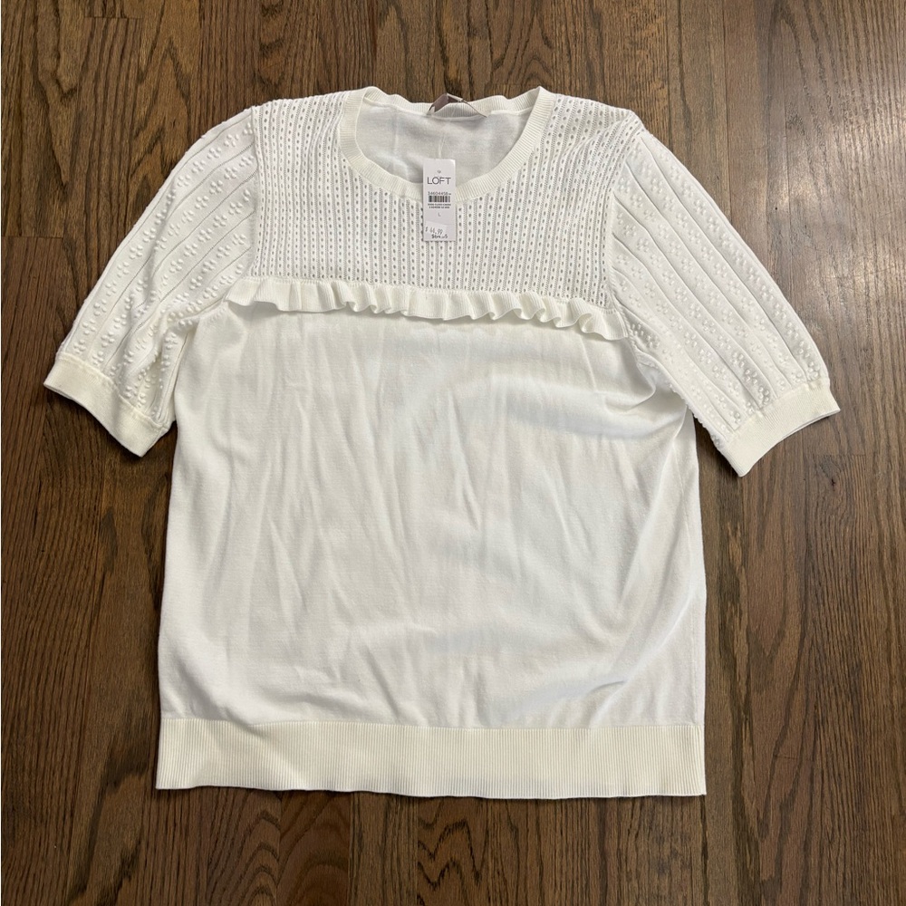 LOFT NWT White Short-Sleeve Knit Sweater with Eyelet Yoke and Ruffle